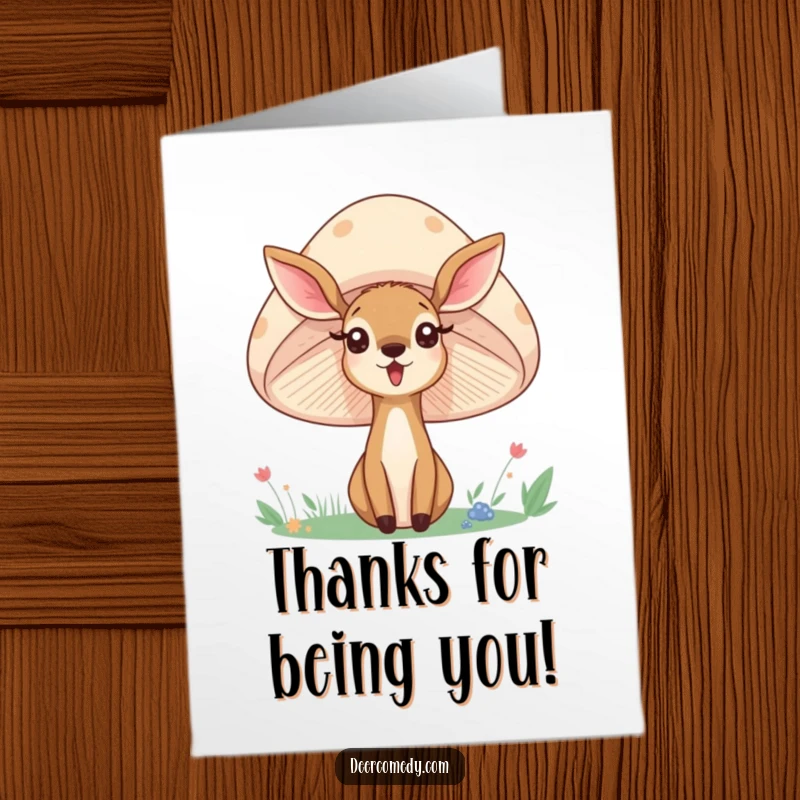 Funny free printable thank you card showing a surprised deer peeking from behind a smiling mushroom, offering a cheerful thank you.