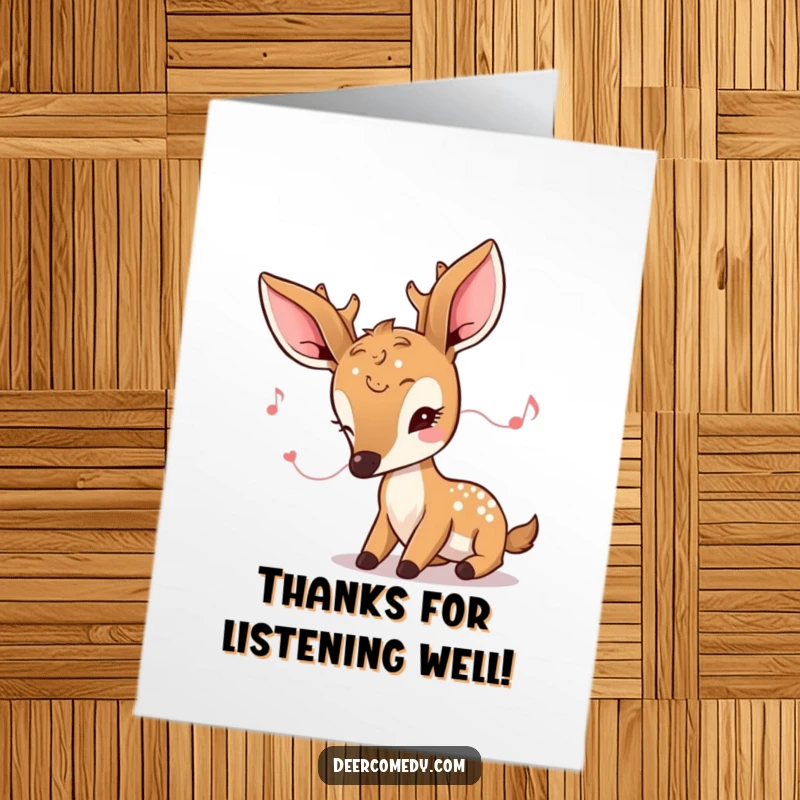 Funny Free Printable Thank You Card: A Kawaii Deer with Large Ears Listening Closely to a Tiny Musical Note.