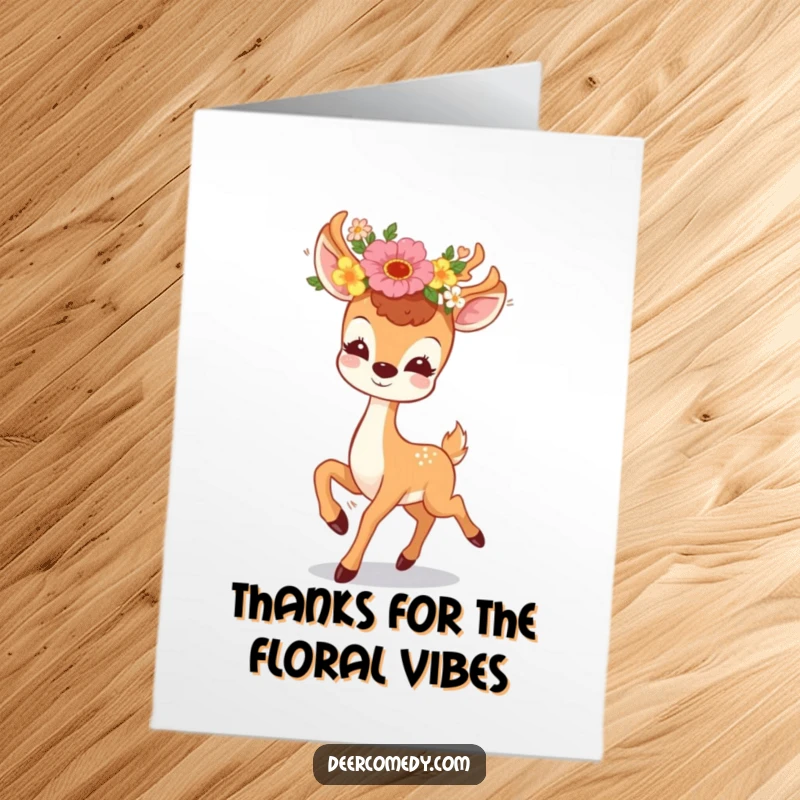Funny Free Printable Thank You Card: Kawaii deer in a floral wreath, prancing with gratitude, perfect for a charming DIY gift to say thanks.