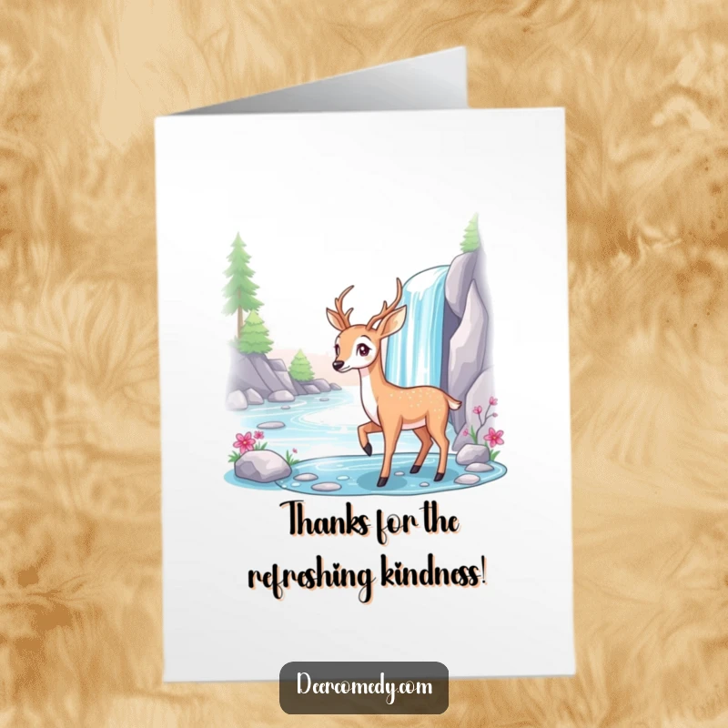 Funny Free Printable Thank You Card: A graceful deer beside a sparkling waterfall, offering serene and elegant thanks.