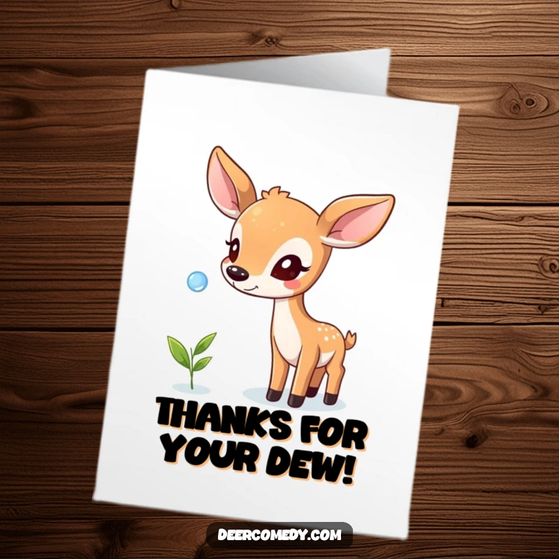Funny free printable thank you card of a deer playfully balancing a dewdrop on its nose, representing careful appreciation.