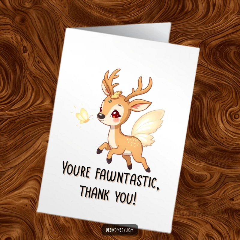 Funny Free Printable Thank You Card: A gleeful deer leaps after a radiant butterfly made of pure light.