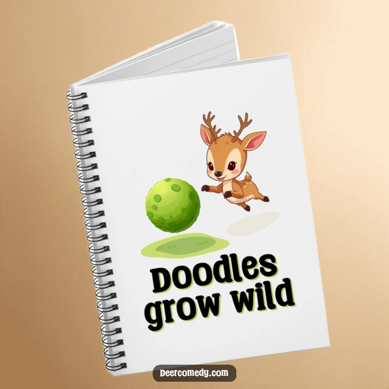 Funny notebook cover with a little deer enthusiastically chasing a bouncy ball made from soft, green moss.