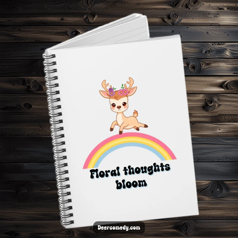 Funny notebook cover with a cute deer wearing flowers in its antlers, joyfully leaping over a colorful rainbow.