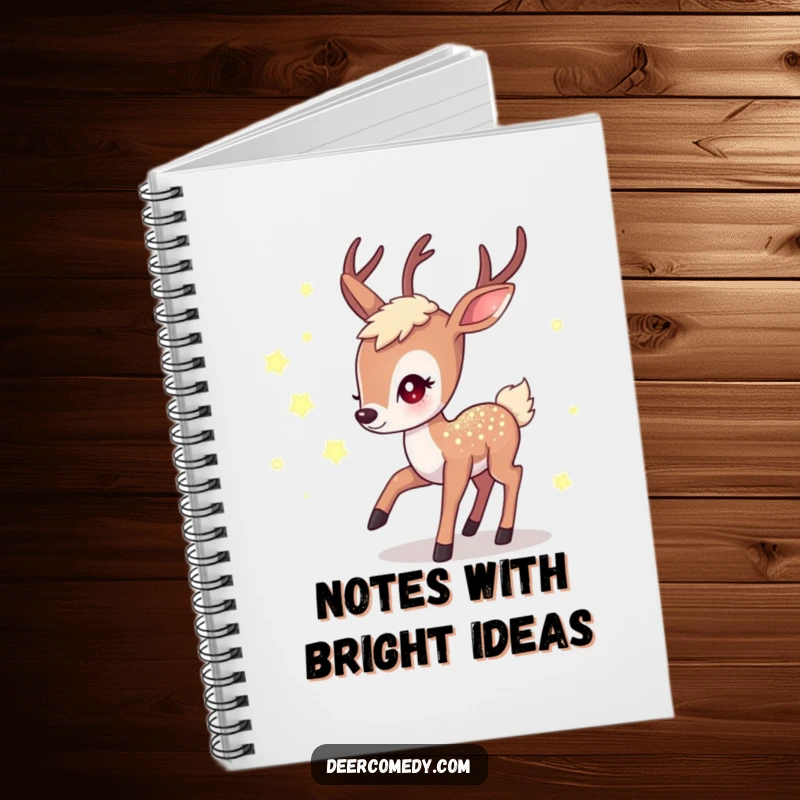 Funny notebook showcasing a shimmering kawaii deer chasing glowing fireflies, perfect for writing and a funny gift.