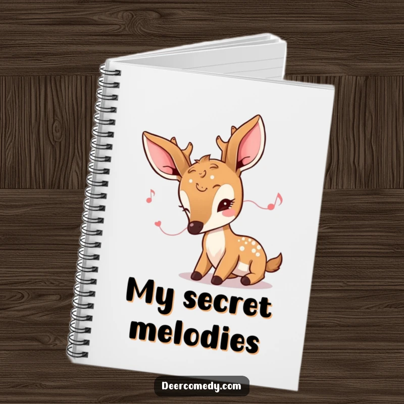 Funny kawaii deer notebook with cover art of a deer with large ears listening intently to a tiny melody.