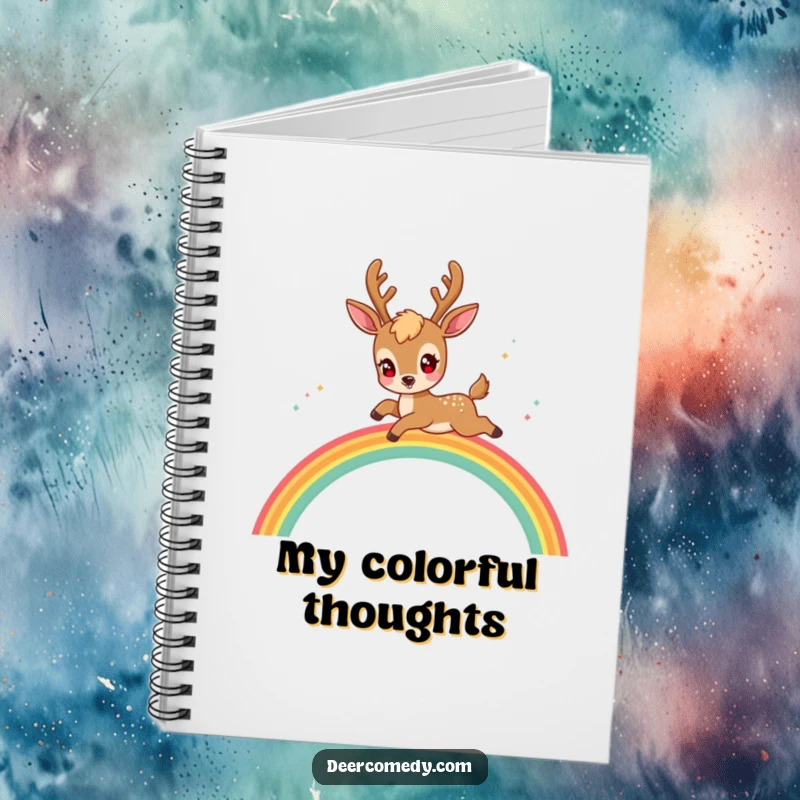 Funny kawaii deer notebook with cover art of a deer with sparkling eyes leaping over a rainbow.