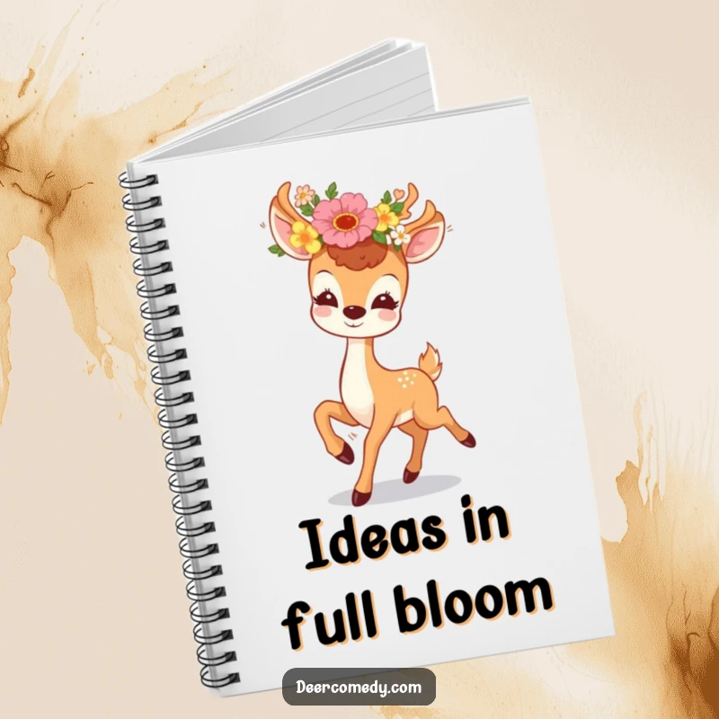 Funny notebook with a kawaii deer and floral wreath, prancing energetically, perfect for writing and a funny gift.