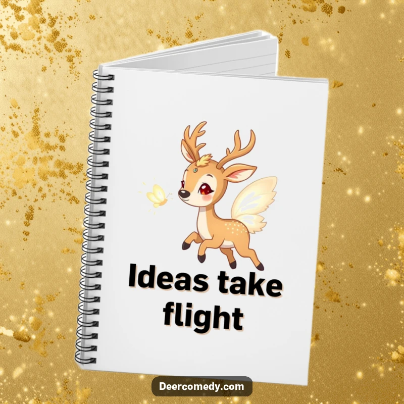 Funny notebook cover with a delighted deer playfully chasing a shimmering butterfly made of light, encouraging whimsical writing and ideas.