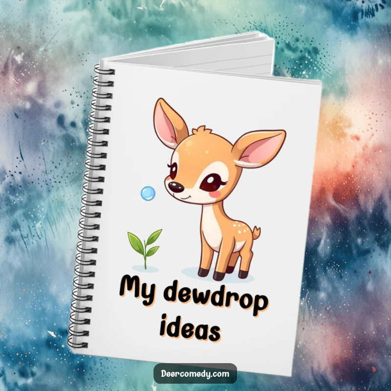 Funny notebook with a deer balancing a dewdrop on its nose, a charming and inspiring companion for your notes.