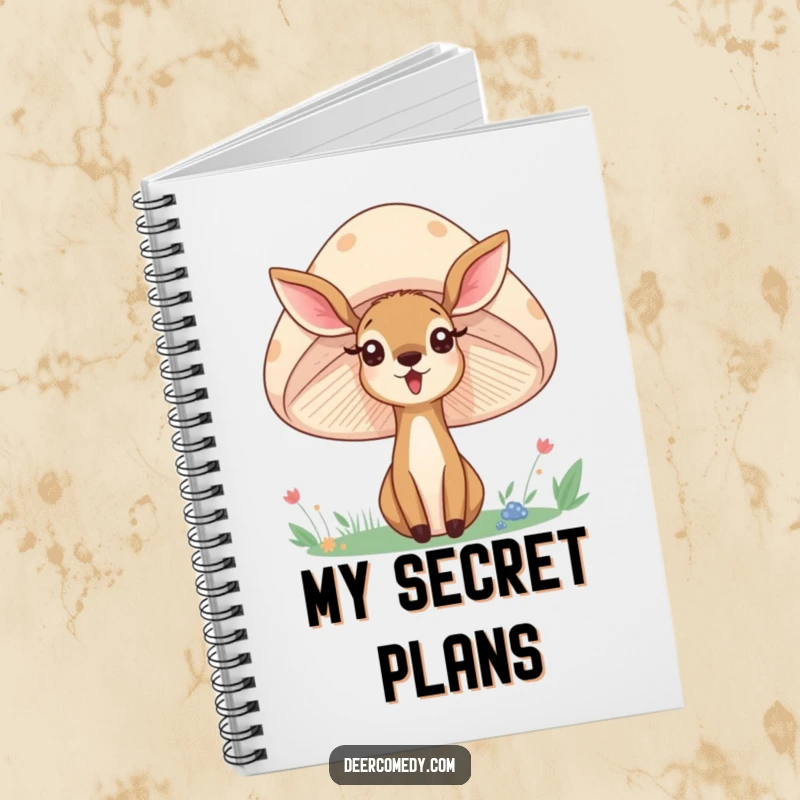 Funny notebook featuring a deer peeking from behind a smiling mushroom, a charming and whimsical companion for your notes.