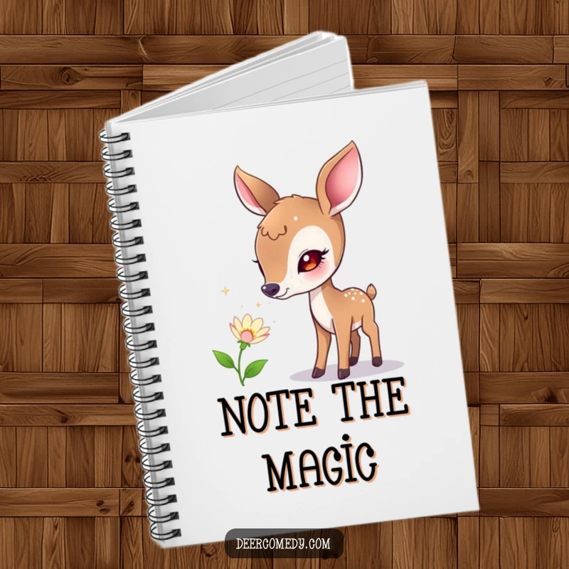 Funny notebook cover with a curious deer sniffing a flower that emits tiny, sparkling bubbles, encouraging whimsical note-taking.