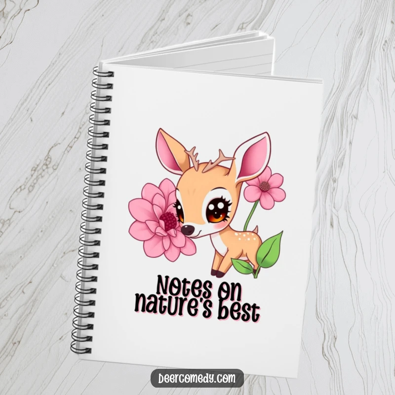 Funny notebook with a kawaii deer, large eyes, sniffing a giant flower, perfect for writing and a funny gift.