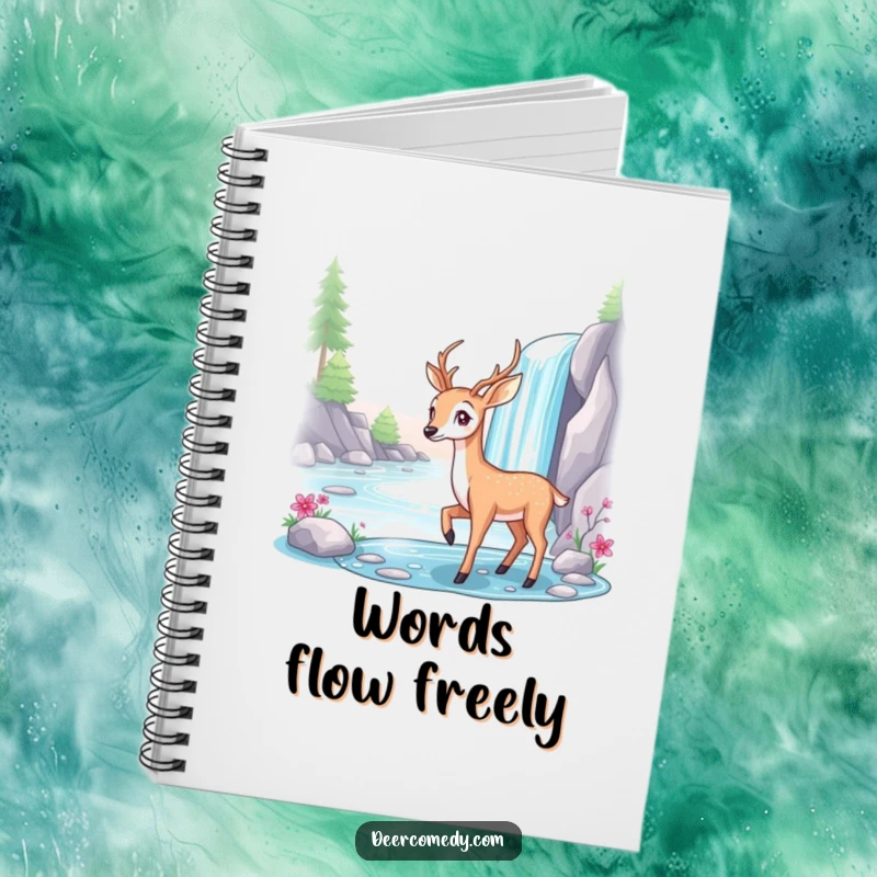 Funny notebook cover with a graceful deer posing elegantly beside a sparkling waterfall.