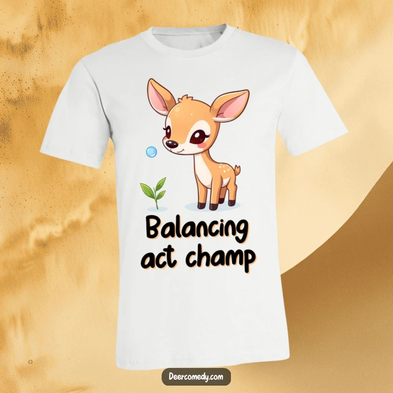 Funny t-shirt depicting a deer attempting to balance a dewdrop on its nose, highlighting focus and gentle playfulness.