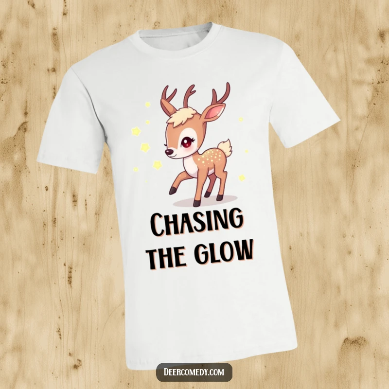 Funny t-shirt showing a shimmering kawaii deer leaping to catch glowing fireflies, a whimsical and funny gift for dreamers.