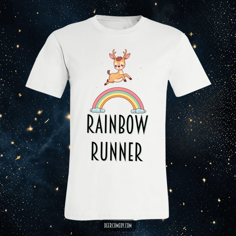 Funny t-shirt depicting a cute deer leaping with glee over a colorful miniature rainbow, symbolizing happiness.