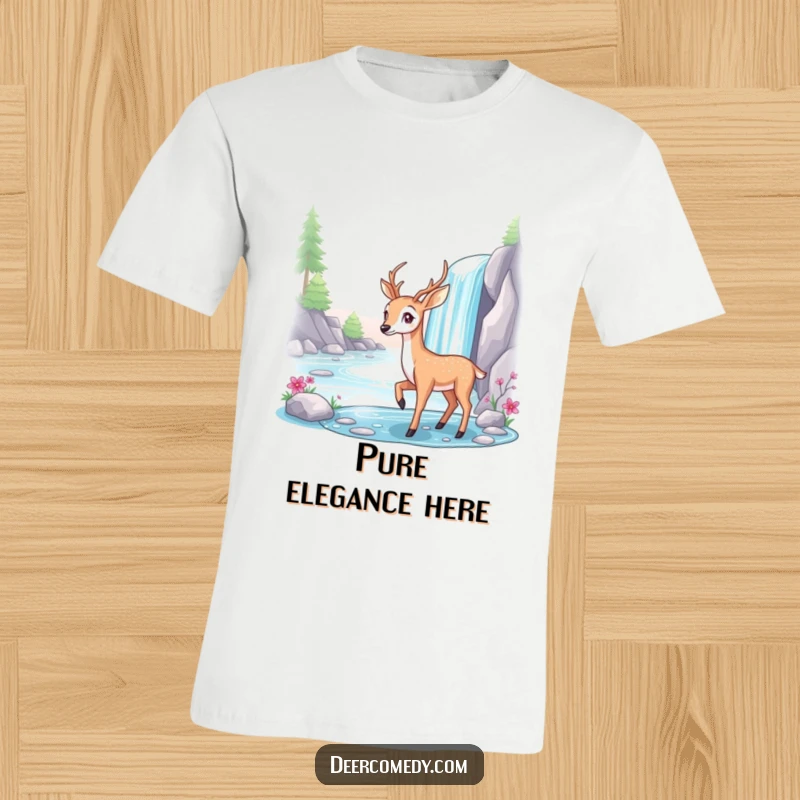 Funny t-shirt depicting a graceful deer posing elegantly next to a shimmering, sparkling waterfall.