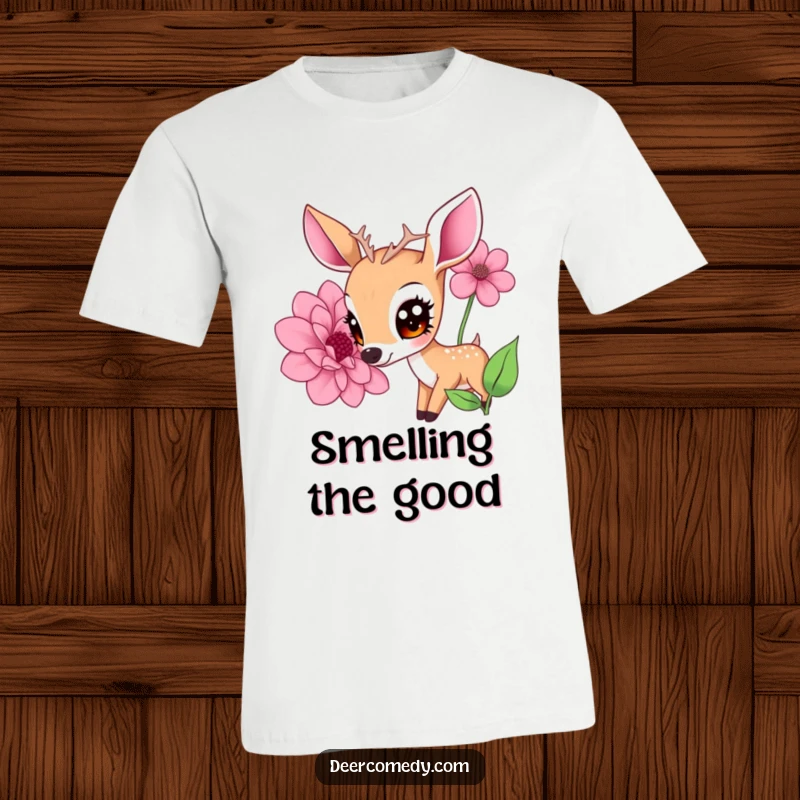 Funny t-shirt displaying a kawaii deer with large eyes, softly sniffing a massive flower, a cute and funny gift.