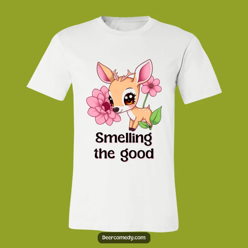 Funny Kawaii Deer Flower T-Shirt: Big Eyes Gentle Deer Shirt, Great Funny Gift