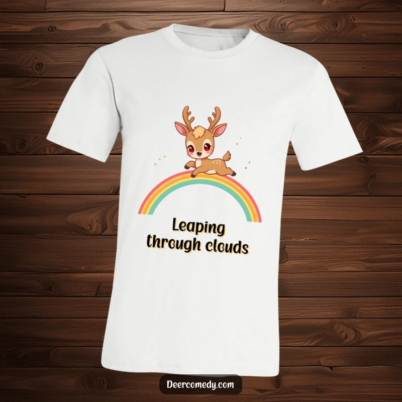 Funny kawaii deer t-shirt with a deer character sporting sparkling eyes, joyfully leaping over a colorful rainbow.