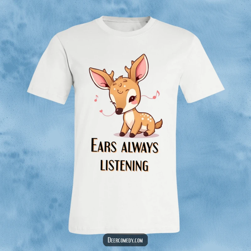Funny kawaii deer t-shirt depicting a deer with large, oversized ears listening intently to a faint, sweet melody.