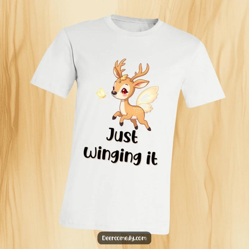 Funny t-shirt featuring a delighted deer in full chase of a mesmerizing butterfly crafted from shimmering light, embodying pure, unadulterated joy.