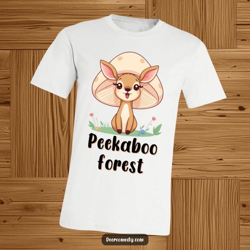 Funny t-shirt depicting a deer playfully peeking out from behind a giant, smiling mushroom, evoking a sense of woodland mischief.
