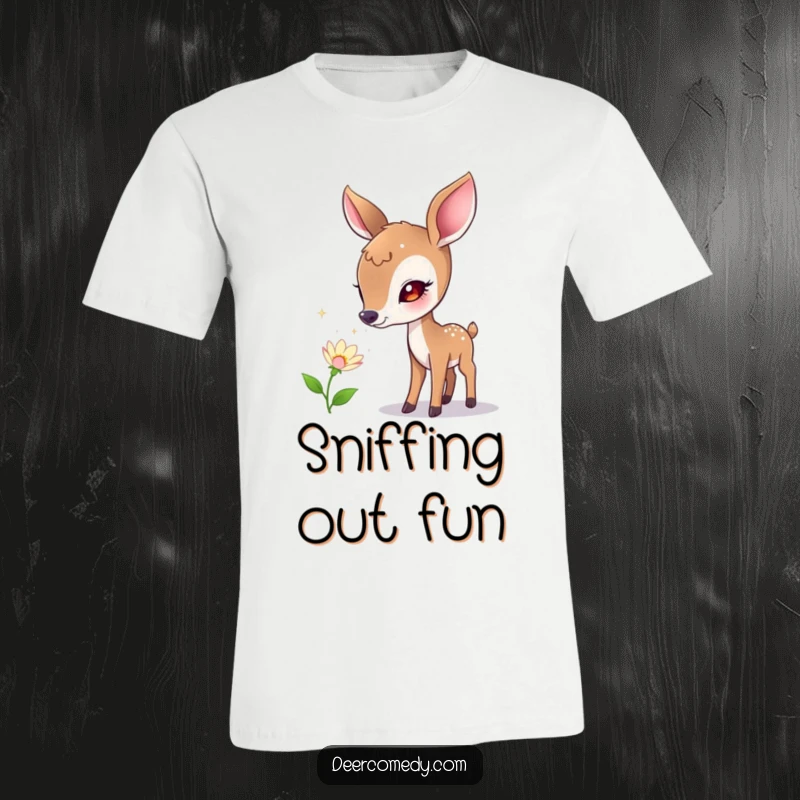 Funny t-shirt featuring a curious deer intently sniffing a flower that releases small, shimmering, effervescent bubbles, embodying playful curiosity.