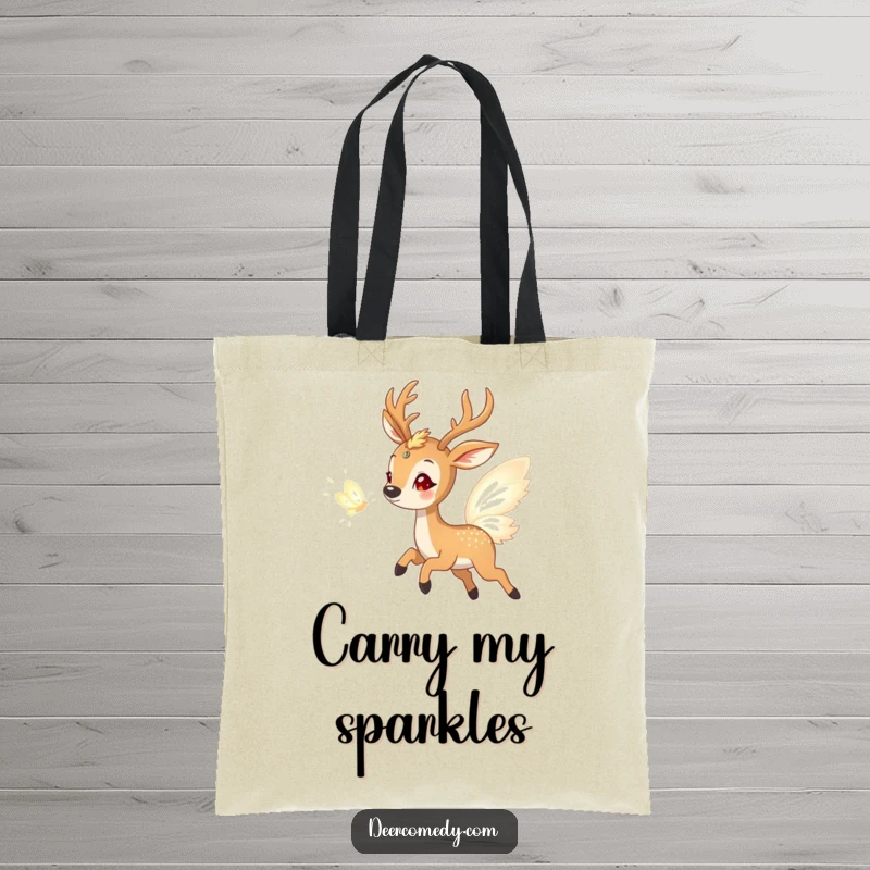Funny tote bag illustrating a delighted deer playfully chasing a glowing butterfly made of ethereal light, a symbol of pursuit and magic.