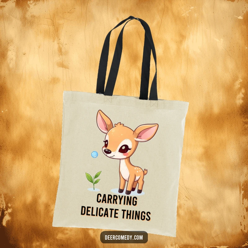 Funny tote bag illustrating a deer balancing a dewdrop on its nose, designed for those who appreciate whimsical art.