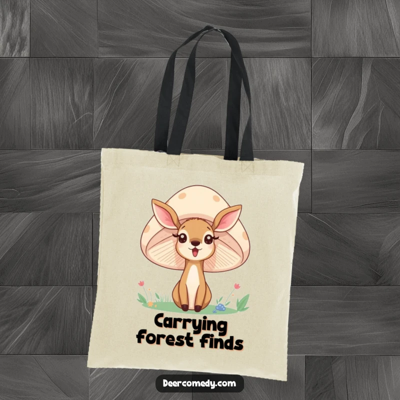 Funny tote bag showing a deer peeking from behind a large mushroom, designed for nature lovers and fans of whimsical art.