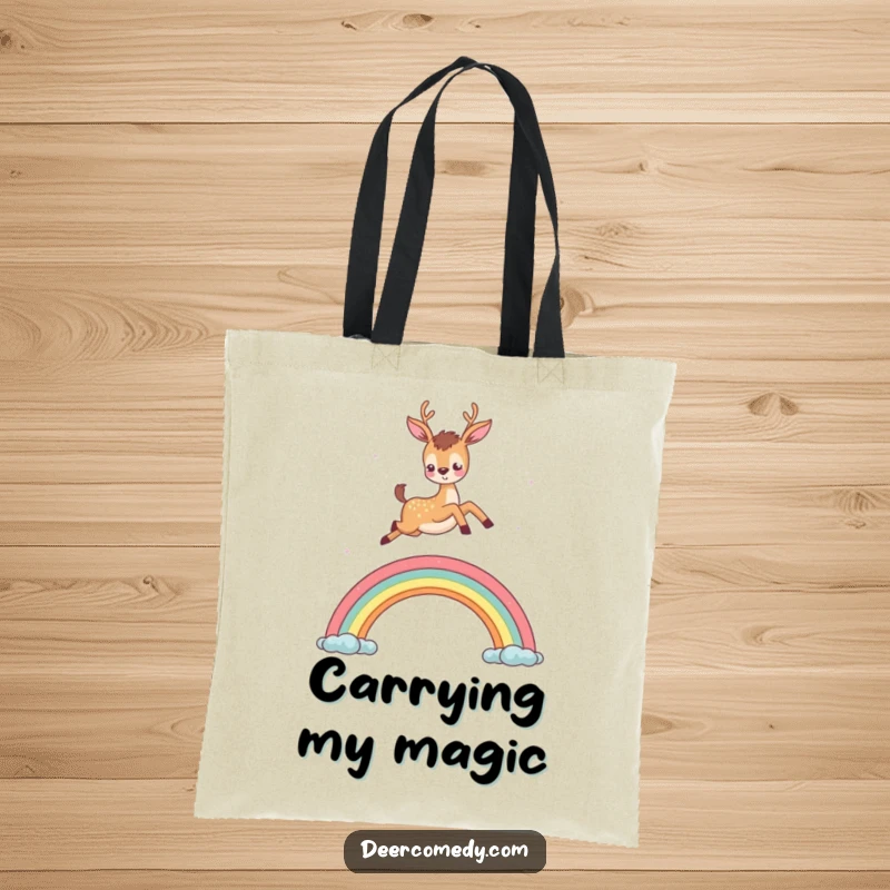 Funny tote bag illustrating a happy deer leaping over a miniature rainbow, ideal for magical everyday use.
