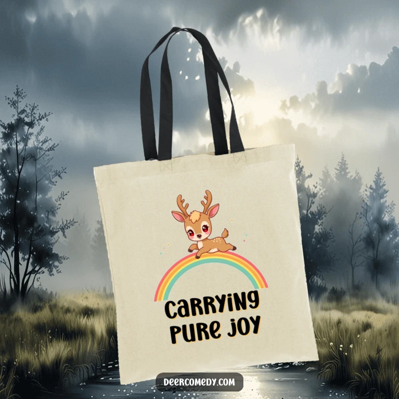 Funny kawaii deer tote bag showing a deer with sparkling eyes leaping playfully over a radiant rainbow arch.