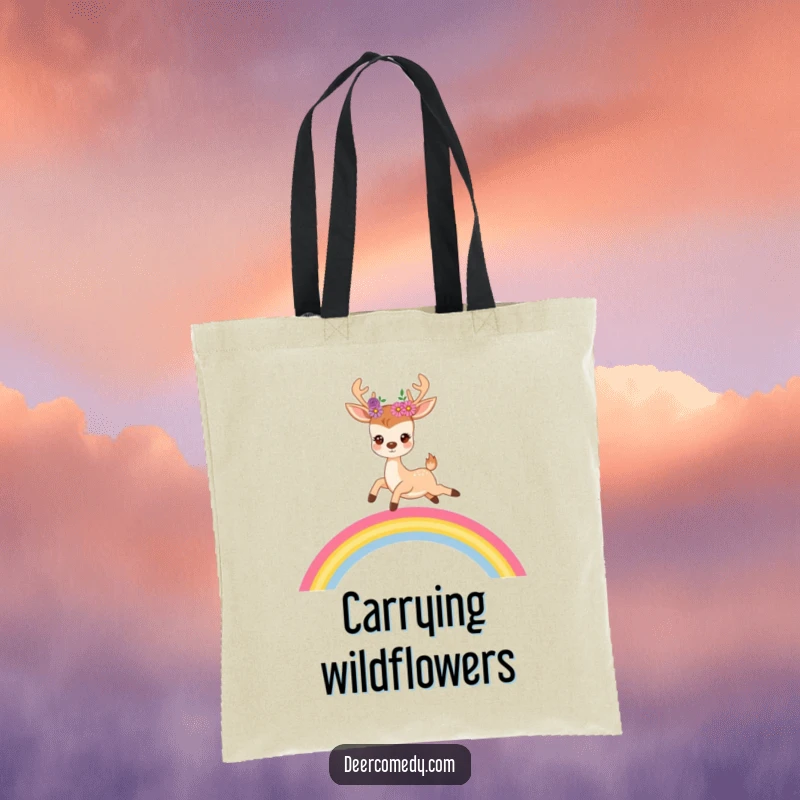 Funny tote bag with a cute deer wearing flowers in its antlers, joyfully leaping over a vibrant rainbow.