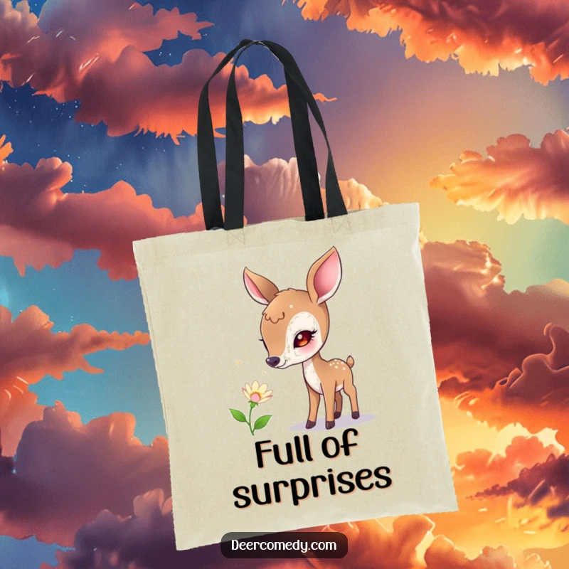 Funny tote bag with a curious deer sniffing a flower that emits tiny, sparkling bubbles, perfect for carrying everyday treasures.