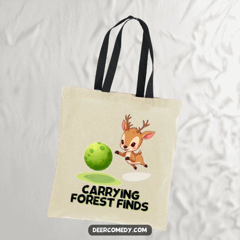 Funny tote bag with a little deer enthusiastically chasing a bouncy ball constructed from soft, green moss.