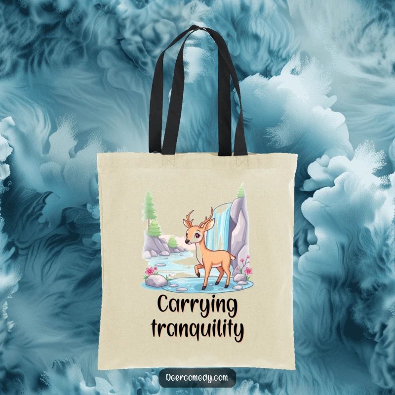 Funny tote bag with a graceful deer posing elegantly beside a sparkling waterfall.