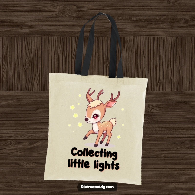 Funny tote bag featuring a shimmering kawaii deer chasing bright fireflies, a magical and funny gift for shoppers.
