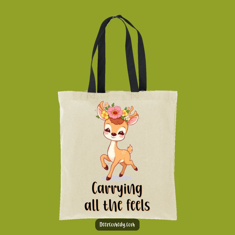 Funny Kawaii Deer Floral Tote Bag: Joyful Prancing Deer Carry-All, Ideal Funny Gift