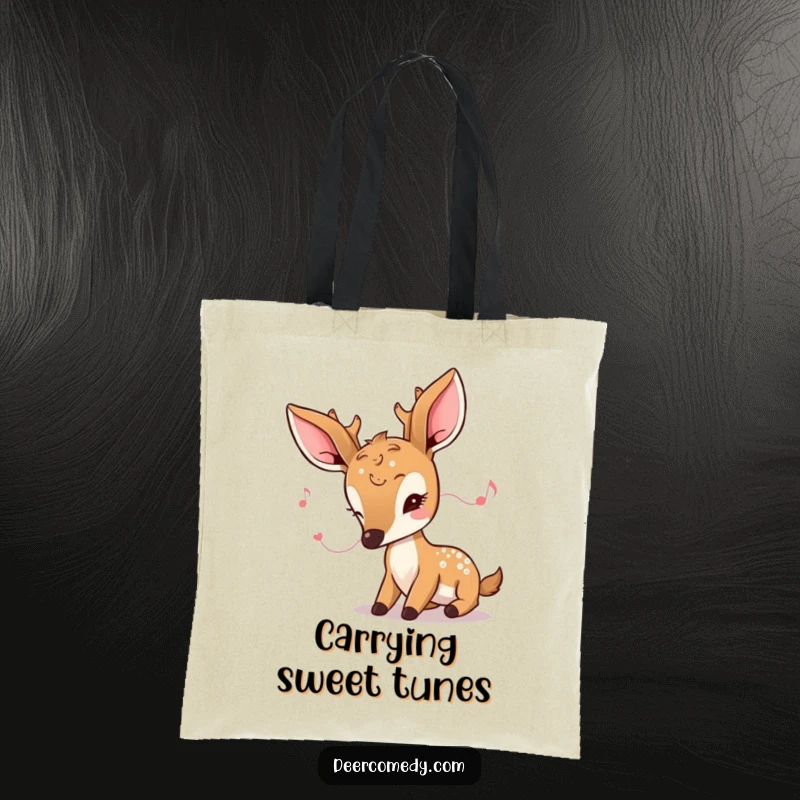 Funny kawaii deer tote bag showing a deer with oversized ears, intently listening to a soft, tiny melody.