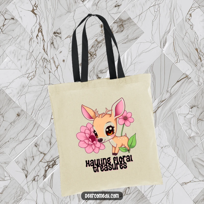 Funny tote bag with a kawaii deer having large eyes, sniffing a giant flower, a cute and funny gift.